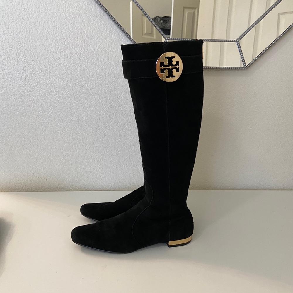 Tory Burch Uma Black Suede Boots with Gold